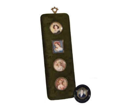 ϒEnglish School, early 19th century Portrait of a gentleman 5.2cm x 4.2cm, oval In an oval ebonised frame; Together with four