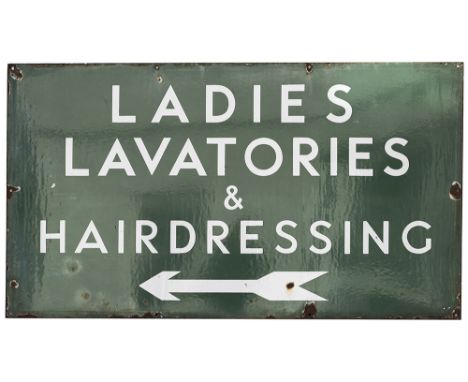 Southern Railway enamel station sign LADIES LAVATORIES &amp; HAIRDRESSING with left facing arrow. In very good condition with