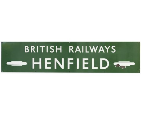 BR(S) enamel railway station entrance sign BRITISH RAILWAYS HENFIELD with two totems either end. From the former London Brigh