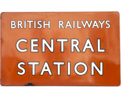 BR(NE) FF Black Edged Lettering enamel railway station sign BRITISH RAILWAYS CENTRAL STATION ex Leeds Central. In excellent c