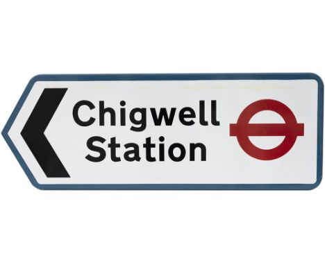 LT FF enamel direction sign CHIGWELL STATION with left facing arrow. In very good condition with a few small face chip repair