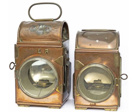 A pair of Great Eastern Railway Fire Engine Lamps, copper and brass, one stamped GER and the other lettered GER (G missing). 