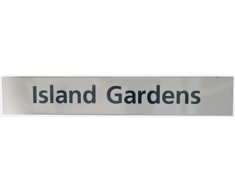 Docklands Light Railway FF enamel railway station platform sign ISLAND GARDENS from the station between Canary Wharf and Lewi