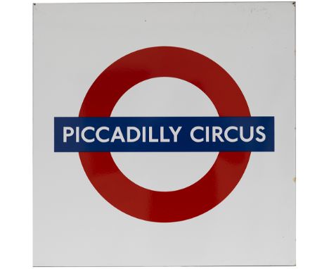 London Underground enamel target/bullseye station sign PICCADILLY CIRCUS. Measures 25.25in x 25.25in and is in excellent cond