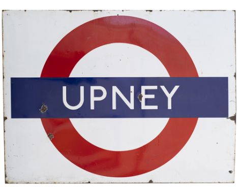 London Underground FF enamel target/bullseye sign UPNEY. In good condition with face and edge chipping. Measures 60in x 45in.