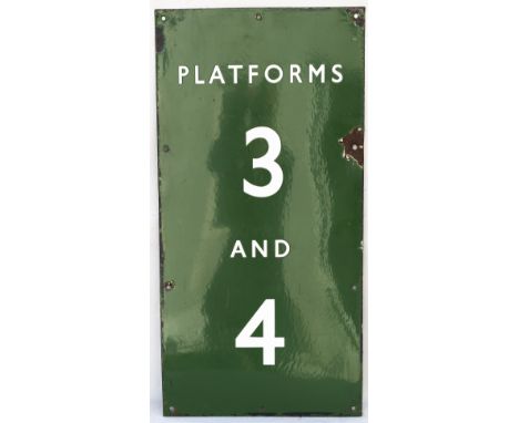 BR(S) enamel railway station sign PLATFORMS 3 AND 4. In very good condition with some minor edge chipping measures 24in x 12i