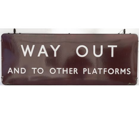 BR(M) FF enamel station railway sign WAY OUT AND TO OTHER PLATFORMS. Double sided complete with original hanging hooks, both 