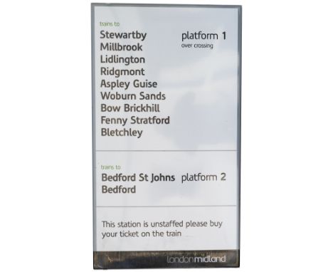 Modern image London Midland enamel railway station sign TRAINS TO STEWARTBY MILLBROOK LIDLINGTON RIDGMONT ASPLEY GUISE WOBURN