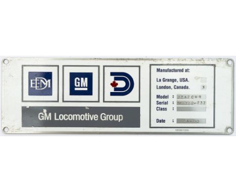 Worksplate GM LOCOMOTIVE GROUP MANUFACTURED at: LONDON, CANADA. MODEL: JT42 CWR SERIAL: 968702-237 DATE: 04-00. Ex Class 66 d