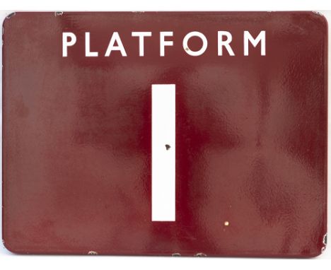 BR(M) FF enamel railway station sign PLATFORM 1. In very good condition with minor chipping, measures 24in x 18in.  