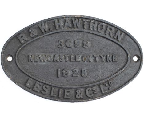 Worksplate R &amp; W HAWTHORN LESLIE &amp; CO LTD ENGINEERS NEWCASTLE ON TYNE ENGLAND 3699 1928. Ex LNER Gresley N2 0-6-2T nu