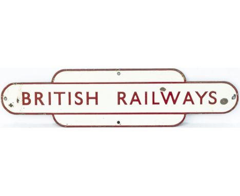 BR(M) Double Royal enamel poster board heading BRITISH RAILWAYS. In very good condition with some edge chipping, measures 25.