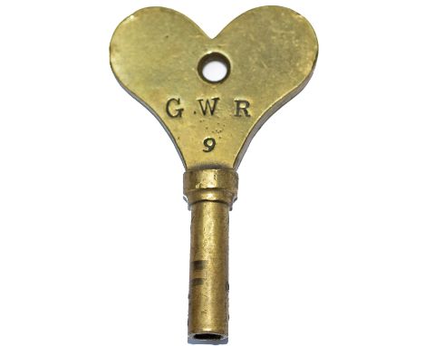 Great Western Railway brass clock winding key. Stamped GWR and 9. A rare item as not many original keys survive with railway 