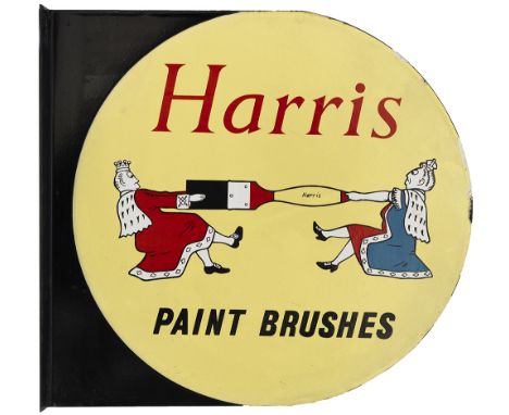 Enamel Advertising Sign HARRIS PAINT BRUSHES. Double sided with wall mounting flange, measures 16in x 15in and is in excellen