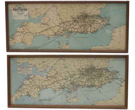 Carriage prints x 2  SOUTHERN RAILWAY GENERAL SYSTEM MAP. In good condition with some light water staining framed and glazed,