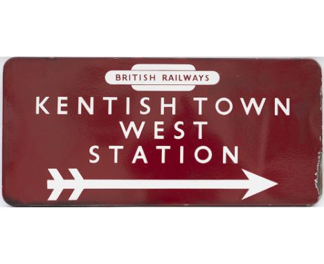BR(M) FF enamel railway station direction sign KENTISH TOWN WEST STATION with British Railways totem and right facing arrow, 