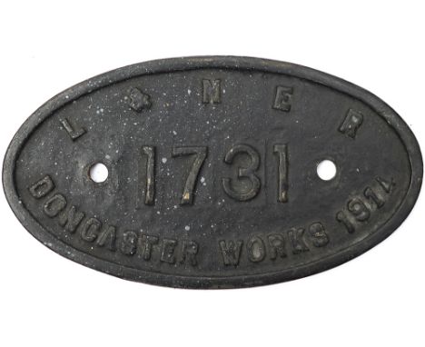 Worksplate LNER 9x5 L &amp; N E R 1731 DONCASTER WORKS 1914 ex Gresley Great Northern Railway K2/1 2-6-0. Numbered GNR 1641, 