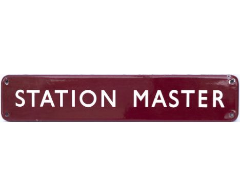 BR(M) FF enamel doorplate STATION MASTER. In very good condition with a couple of minor face chips, measures 18in x 3.5in. Th
