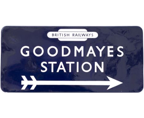 BR(E) FF enamel station direction sign GOODMAYES STATION with British Railways totem and right facing arrow. From the former 