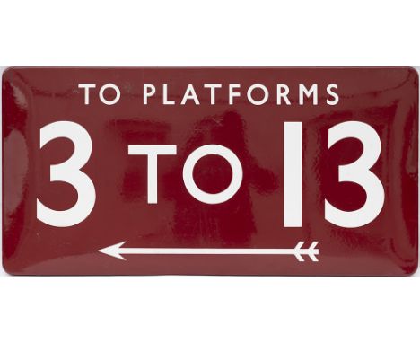 BR(M) FF enamel railway station sign TO PLATFORMS 3 TO 13 with left facing arrow. In very good condition with a few minor fac