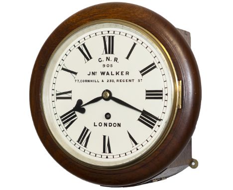 Great Northern Railway 8in mahogany cased fusee railway clock by John Walker of London. The English wire driven fusee movemen