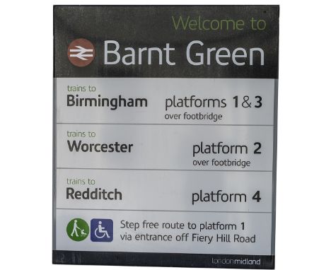 Modern image London Midland enamel railway station sign WELCOME TO BARNT GREEN TRAINS TO BIRMINGHAM PLATFORMS 1&amp;3 TRAINS 