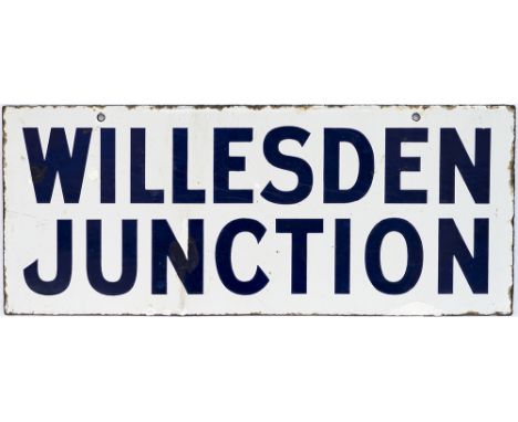 LNWR / LMS enamel station lamp tablet WILLESDEN JUNCTION. Double sided both sides in good condition with some small repairs. 
