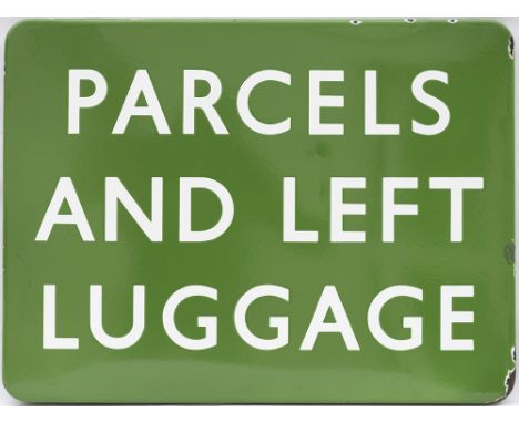 BR(S) FF enamel railway station sign PARCELS AND LEFT LUGGAGE. In very good condition with minor edge chipping, measures 24in