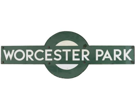 Southern Railway enamel target station sign WORCESTER PARK from the former London &amp; South Western Railway station between