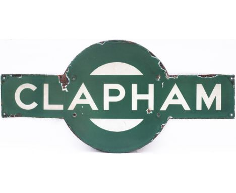 Southern Railway enamel target station sign CLAPHAM from the former South Eastern and Chatham Railway station between London 