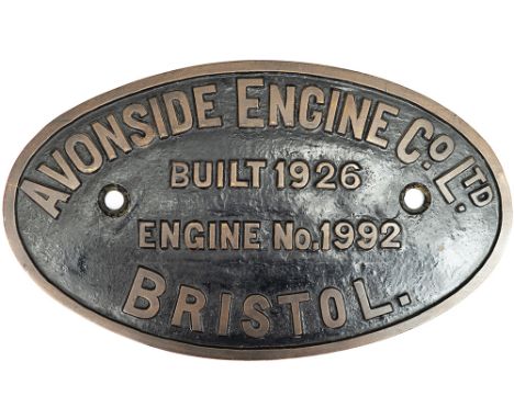 Worksplate AVONSIDE ENGINE CO LTD BRISTOL BUILT 1926 ENGINE No 1992 ex Great Western Railway Collet 1101 class 0-4-0 T number