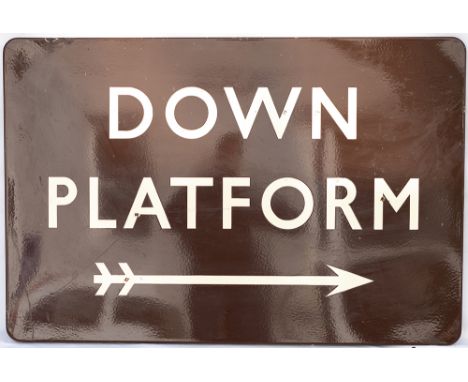 BR(W) FF enamel railway station sign DOWN PLATFORM with right facing arrow. In very good condition with some minor face chips