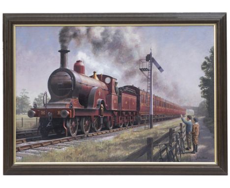 Original oil painting by W.J.Foxon GRA Future Engine Drivers featuring a Midland Railway 4-2-2 Spinner numbered 118. Framed o