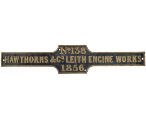 Worksplate HAWTHORNS &amp; CO LEITH ENGINE WORKS No. 138 1856. From a 0-4-0PT numbered No3 delivered new to the Dalmellington