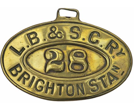 London Brighton and South Coast Railway licensed horse drawn taxi cab drivers badge L.B.&amp; S.C.RY 28 BRIGHTON STAN. Oval h