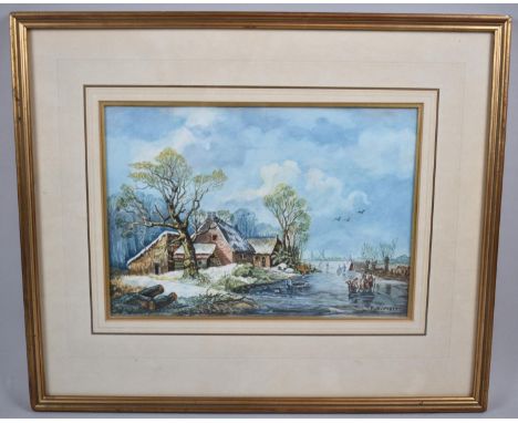 A Framed Dutch Gouache Depicting Cottage Beside Flooded River, Signed P R Wiston, 30x21cm 