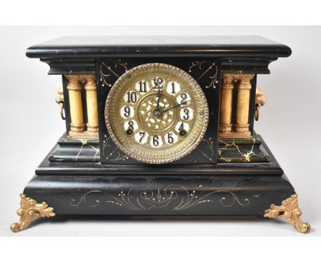 An Edwardian Faux Slate and Ormolu American Mantle Clock with Gilbert Movement and Complete with Key, Movement in Need of Som