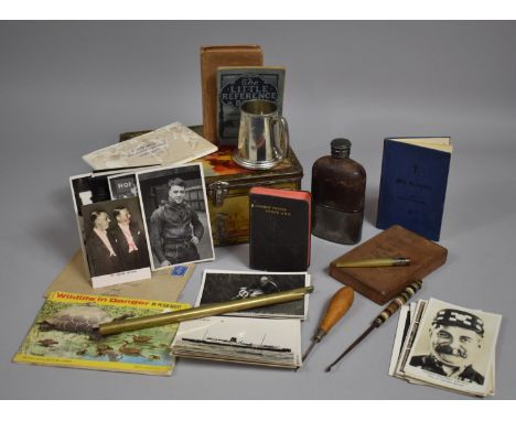 A Vintage Tin Containing Curios to Include Penny Whistle, Malta Tankard, Hip Flask, Tea Cards etc 