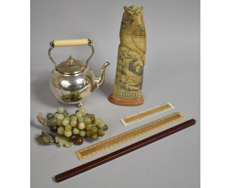 A Collection of Sundries to Include Early 20th Century Silver Plated Kettle, Jade Style Bunch of Grapes Ornament, Carved Horn
