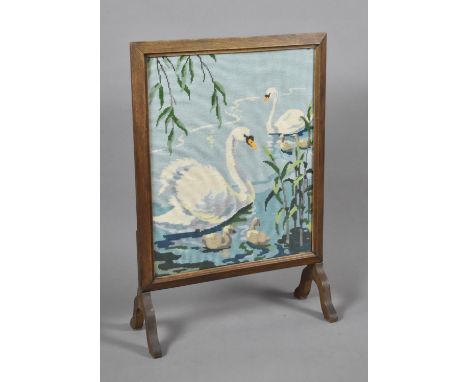 A Mid 20th Century Tapestry Fire Screen, Swans, 50cm wide 