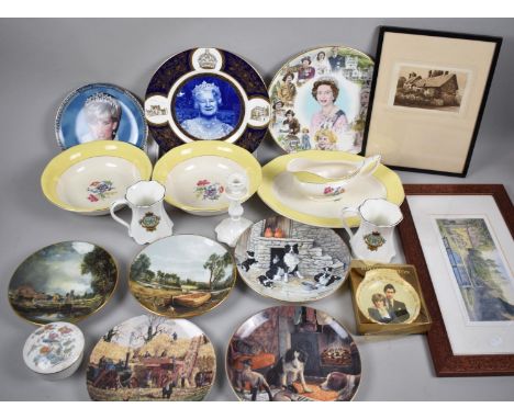 A Collection of Commemorative Ceramics, Decorated Plates, Slate Aneroid Barometer, Coalport Candlestick, Prints etc 