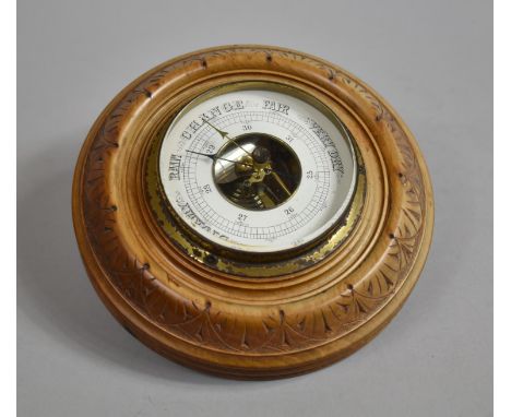 An Edwardian Bleached Walnut Circular Aneroid Barometer, 18cm Diameter 