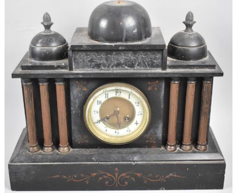 A Late 19th/Early 20th Century French Black Slate Mantle Clock of Architectural Form, Missing Finial and Pendulum, Movement I