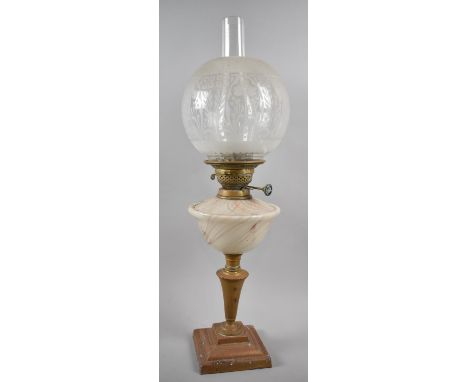 A Late 19th Century Brass and Opaque Glass Oil Lamp with Etched Globe, 63cm high Overall 