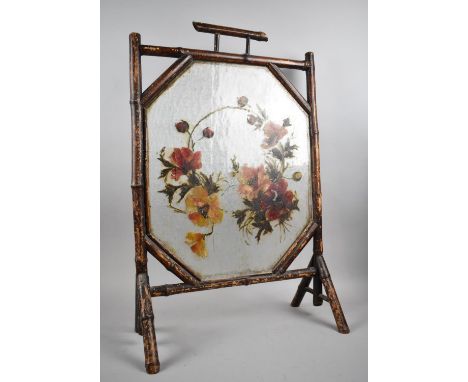 An Edwardian Bamboo Framed Fire Screen With Painted Flower Centre, 52cm wide 