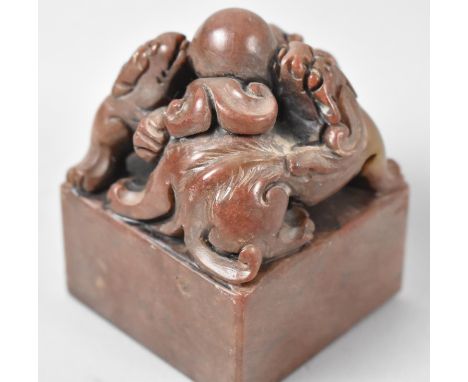 A  Chinese Carved Soapstone Seal with Goat Family Finial, 8cm high 