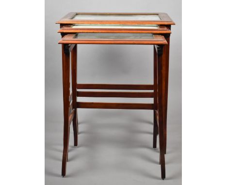 A Nest of Three Modern Mahogany Framed Glass Top Tables, One with Bird Print, Largest 56cm wide 