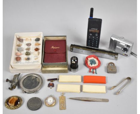 A Collection of Curios to Include Mineral Specimens, Kodak Camera, Vintage Mobile Phone, Harmonica, Costume Jewellery etc 