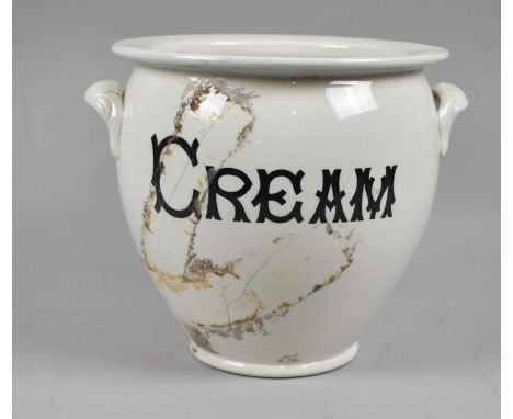 A Late Victorian Ceramic Two Handled Cream Jar, 24cm Diameter and 23cm high, Badly Cracked and In Need of Restoration 