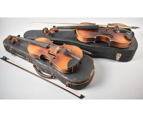 A Child's and a Full Sized Vintage Violin, Both in Cases and Requiring Substantial Restoration and Repair, Two Bows 